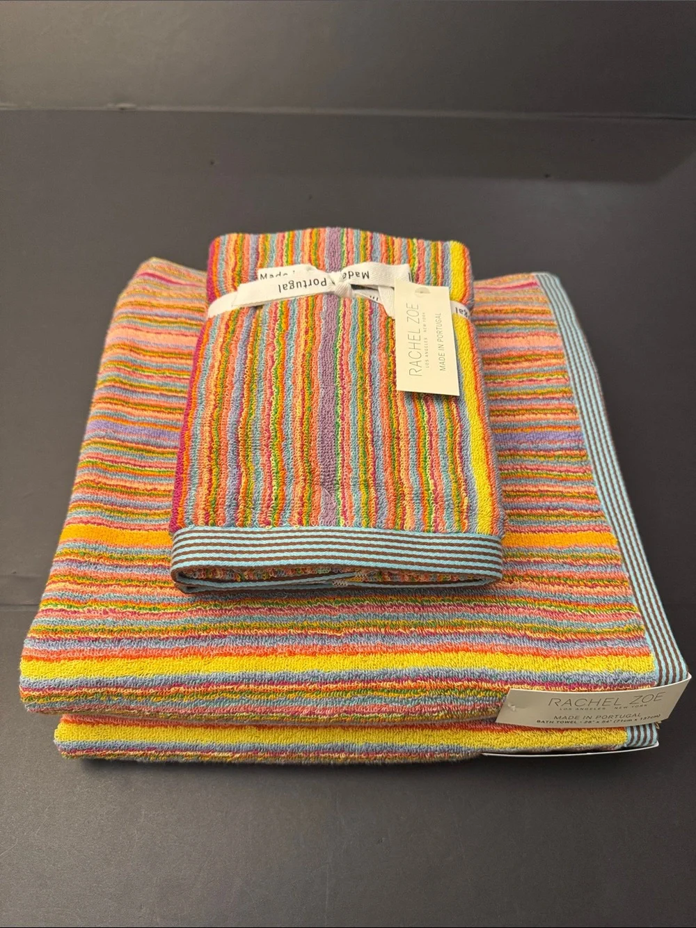 4pc RACHEL ZOE Rainbow Stripe Bath Towel Set - Made in Portugal - Multi